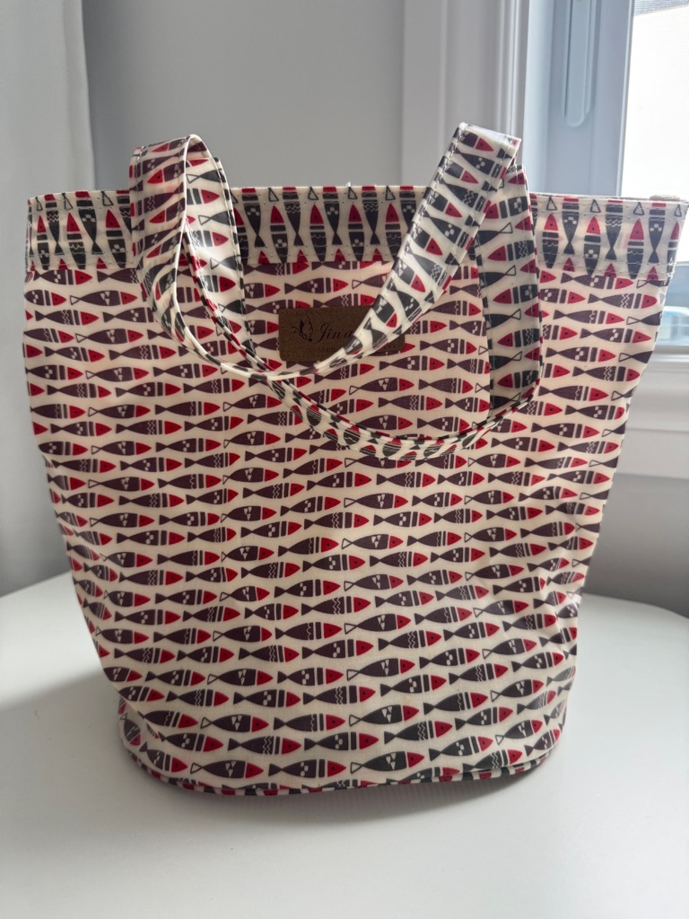 Solid Plastic Fish-Pattern Tote Bag in Red, Brown and Cream